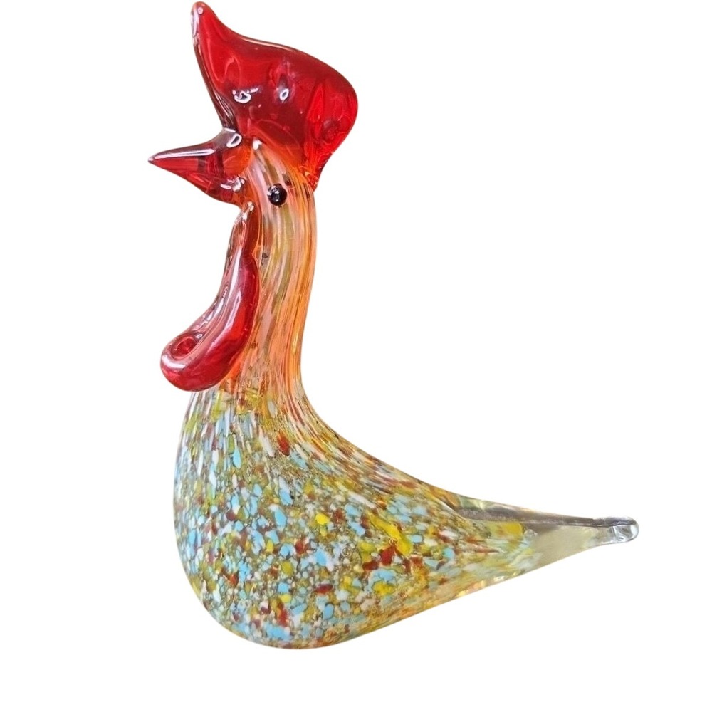 Hand Blown Art Glass Long Tail Rooster Figurine/Multicolored